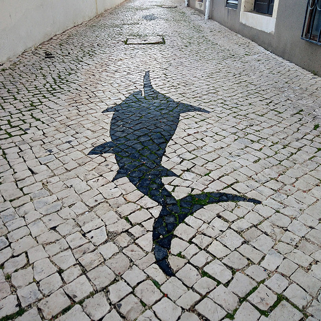 Ada Wanders/Włóczykijada. Street Art in Lagos. Shape of a fish on the pavement.